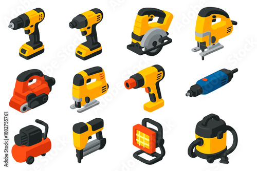 Power Tools Icons. Isometric vector illustration set Power Tools Icons: cordless drill, impact driver, circular saw, jigsaw, belt
