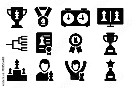 Chess Tournament Icons. Solid style icons of Chess tournament symbols: trophy, medal, clock, scoreboard, bracket, certificate,