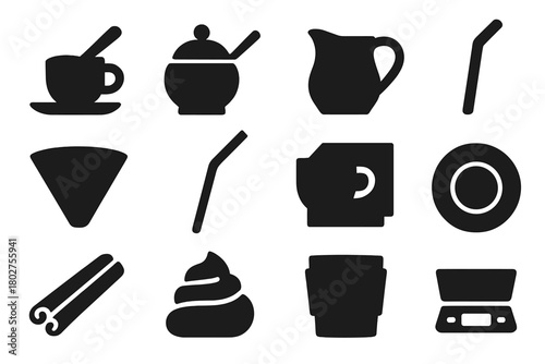 Coffee Accessories Icons. Solid style icons of Coffee accessories: spoon with cup, sugar bowl, milk jug, coffee stirrer, paper