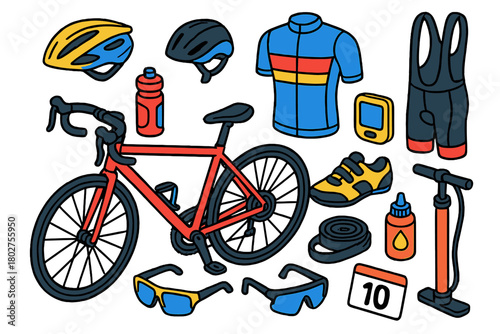 Cycling Race Gear. Isometric vector illustration set Cycling Race Gear Outline Style: road bike, aero helmet, cycling jersey, bib