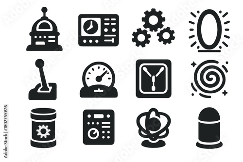 Futuristic Time Machine Icons. Solid style icons of Time machines: futuristic time machine, control panel, spinning gears, glowing