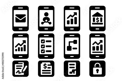 Business Smartphone Icons. Solid style icons of smartphone in business: email app, CRM mobile, financial chart, mobile banking,
