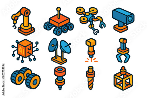 Space Robotics Icons. Isometric vector illustration set Space Robotics Icons: robotic arm, autonomous rover, repair drone,