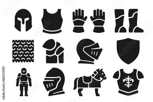 Iconic Medieval Armor. Solid style icons of armor: helmet, breastplate, gauntlets, greaves, chainmail, shoulder plate, armored