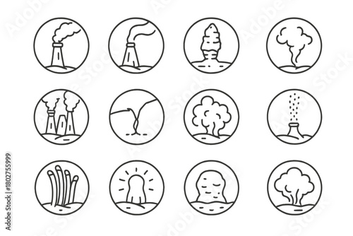Hydrothermal Vent Icons. Line style icons of hydrothermal vents in round shape: black smoker vent, white smoker, mineral chimney,