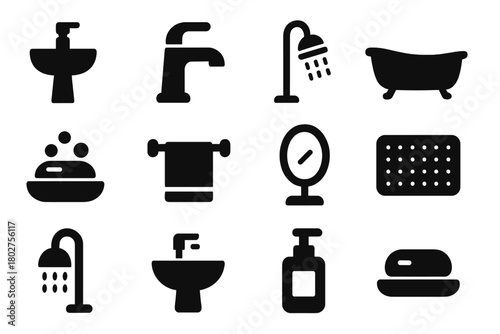 Bathroom Essentials Icons. Solid style icons of Bathroom accessories: sink, faucet, shower, bathtub, soap holder, towel rack,