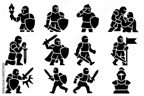 Heroic Knights Icons. Solid style icons of heroic knights: knight with torch, knight on guard, knight saluting, knight rescuing,