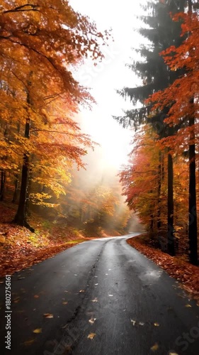 Autumn forest road with colorful foliage trees and sunlight through the branches nature scene