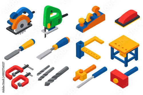 Woodworking Tools Icons. Isometric vector illustration set Woodworking Tools Icons: circular saw, jigsaw, planer, sanding block,
