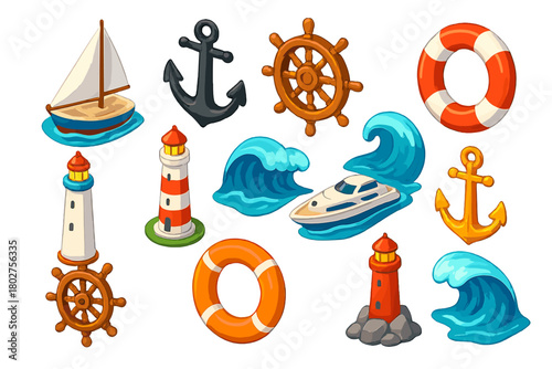 Nautical Symbols Collection. Isometric vector illustration set nautical symbols: harbor sailboat, black matte anchor, varnished