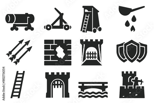 Siege Defense Icons. Solid style icons of Siege and defense: battering ram, catapult, siege tower, boiling oil, arrow volley, wall