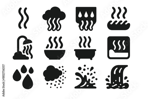 Steam and Water Icons. Solid style icons of Steam and water effects: water vapor, steam cloud, condensation, mist, shower steam,
