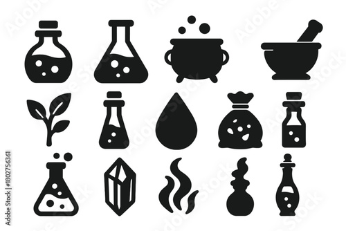 Alchemy Potion Icons. Solid style icons of Alchemy and potions: potion bottles, flask, cauldron, mortar and pestle, herbs, vial,