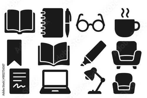 Reading and Writing Essentials. Solid style icons of Reading and writing combo: open book, notebook, pen, glasses, cup of tea,