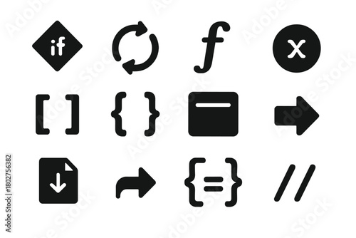 Coding Syntax Icons. Solid style icons of syntax elements: if condition, loop arrows, function symbol, variable name, array