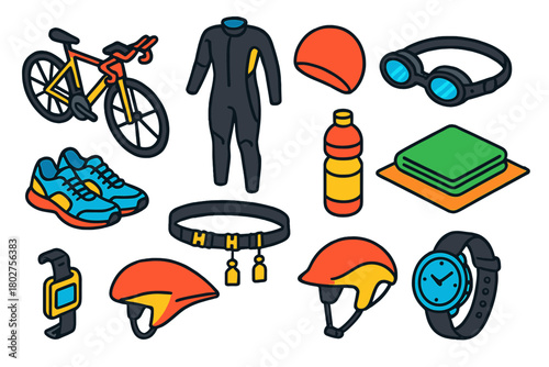 Triathlon Gear Essentials. Isometric vector illustration set Triathlon Gear Outline Style: triathlon bike, wetsuit, swim cap,