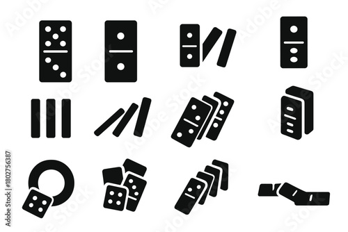Domino Icons Display. Solid style icons of Domino play: single six, double two, double one, single five, domino setup, falling