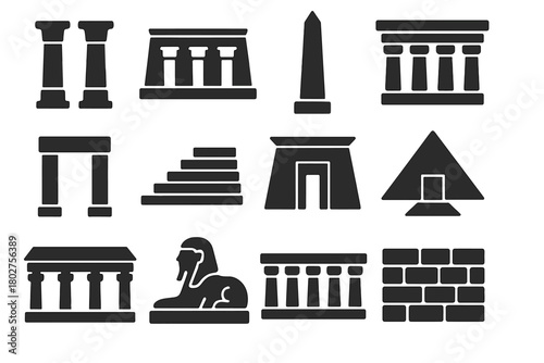 Egyptian Architecture Icons. Solid style icons of Egyptian architecture: stone columns, temple facade, obelisk, hypostyle hall,