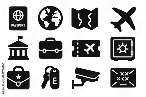 Espionage Icon Collection. Solid style icons of International espionage: passport, globe, map, airplane, embassy, suitcase, train