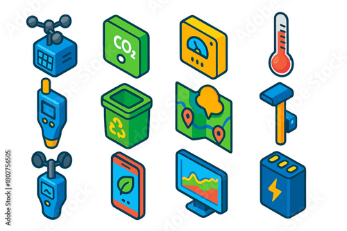 Smart Sensor Icons. Isometric vector illustration set Smart Environmental Sensors Icons: weather station, CO2 sensor, thermometer,