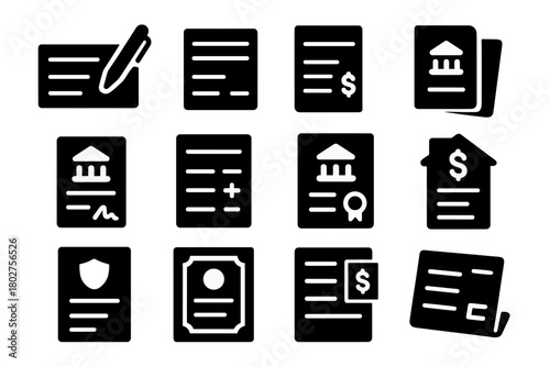 Banking Document Icons. Solid style icons of Banking documents: cheque book, deposit slip, withdrawal slip, passbook, bank