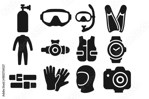 Scuba Diving Gear Icons. Solid style icons of Scuba diving gear: scuba tank, diving mask, snorkel, fins, wetsuit, regulator,