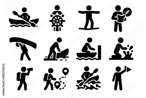 Adventure Icon Set. Solid style icons of Adventure actions: paddling, steering, balancing, navigating, portaging, launching kayak,