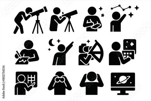 Observation Icons Collection. Solid style icons of Observation actions: looking through telescope, adjusting lens, taking notes,