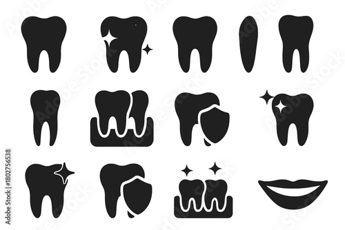 Oral Hygiene Icons. Solid style icons of Oral hygiene: healthy tooth, sparkling tooth, molar, incisor, canine, gum, tooth with