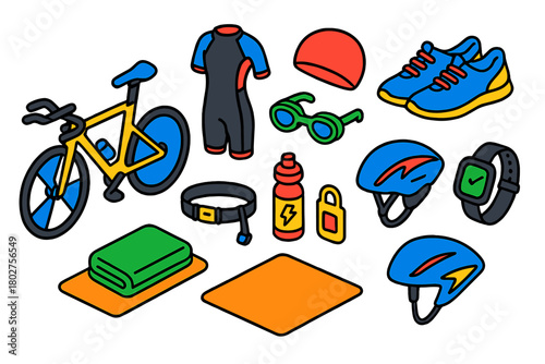 Triathlon Gear Essentials. Isometric vector illustration set Triathlon Gear Outline Style: triathlon bike, wetsuit, swim cap,