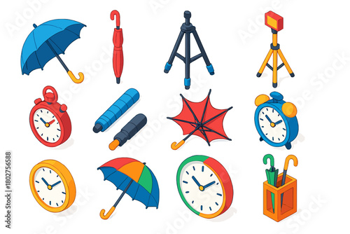 Weather and Time Icons. Isometric vector illustration set Weather Tripod Time Icons: open umbrella, closed umbrella, camera tripod