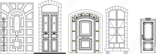 Vector elevation set of ornate classical doors and windows featuring stone archways, decorative panels, and detailed trim.