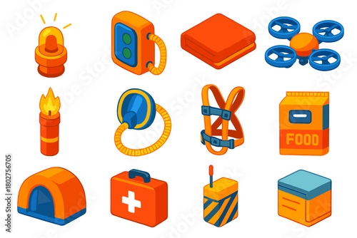 Space Rescue Equipment. Isometric vector illustration set Space Rescue and Safety Gear: emergency beacon, life support pack,