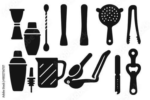 Bartending Tools Icons. Solid style icons of bartending tools: jigger, bar spoon, muddler, strainer, shaker tin, mixing glass,