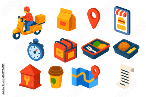 Express Food Delivery Icons. Isometric vector illustration set Express Food Delivery Icons: scooter rider, sealed food package,