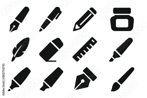 Writing Tools Icons. Solid style icons of Writing tools: fountain pen, ballpoint pen, pencil, ink bottle, quill, eraser, ruler,