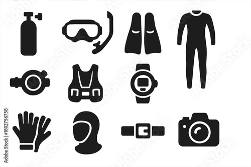 Scuba Diving Gear Icons. Solid style icons of Scuba diving gear: scuba tank, diving mask, snorkel, fins, wetsuit, regulator,