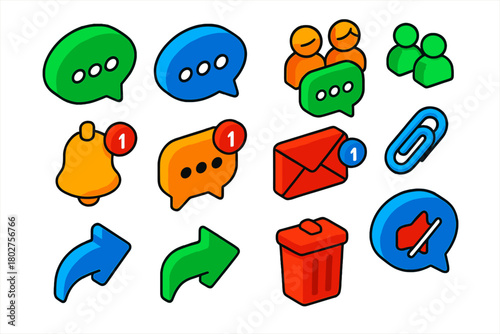 Colorful Chat Icons. Isometric vector illustration set Messaging and Chat Icons: SMS bubble, instant message icon, private chat
