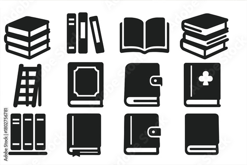 Solid Style Book Icons. Solid style icons of Book collection: stack of books, row of books, open pages, book pile, shelf ladder,