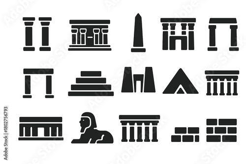 Egyptian Architecture Icons. Solid style icons of Egyptian architecture: stone columns, temple facade, obelisk, hypostyle hall,