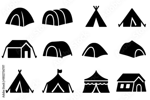 Variety of Tent Icons. Solid style icons of tents: dome tent, tunnel tent, teepee tent, ridge tent, cabin tent, inflatable tent,