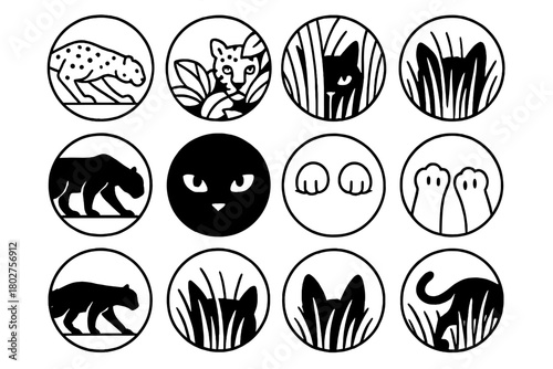 Stealth Animal Silhouettes. Line style icons of stealth animals in round shape: crouching leopard, hiding jaguar, camouflaged cat,
