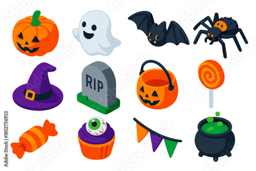 Halloween Party Icons. Isometric vector illustration set Halloween Party Icons: jack-o’-lantern pumpkin, smiling ghost, vampire