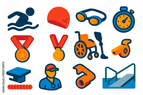 Paralympic Swimming Icons. Isometric vector illustration set Paralympic Swimming Icons: para-swimmer silhouette, adaptive swim cap