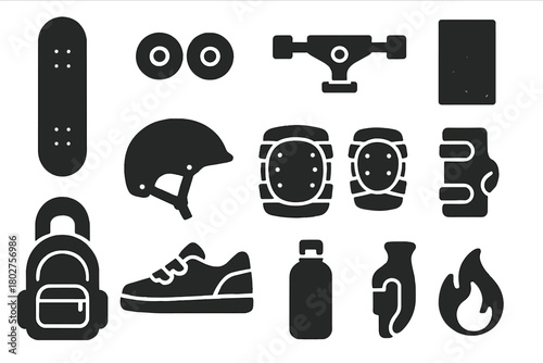 Skateboarding Gear Icons. Solid style icons of Skateboarding: skateboard deck, skateboard wheels, trucks, grip tape, helmet, knee
