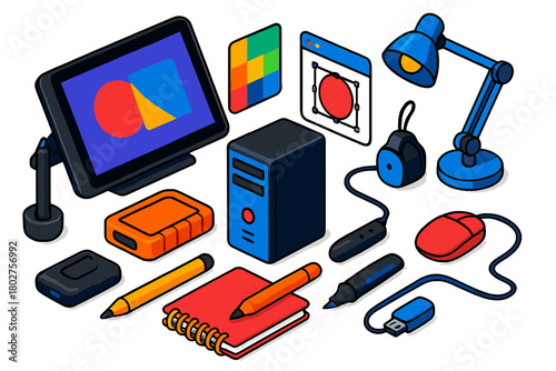 Design Tools Galore. Isometric vector illustration set design tools for graphic designers and creatives: full HD pen monitor,