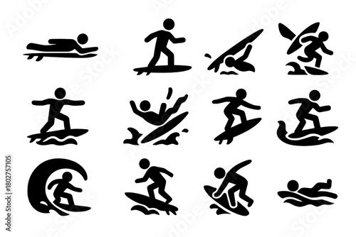 Surfing Action Icons. Solid style icons of Surfing actions: paddling, standing on board, duck diving, catching wave, balancing,
