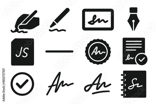Signature Icons. Solid style icons of Signatures: hand writing on paper, pen with line, digital signature, fountain pen tip,