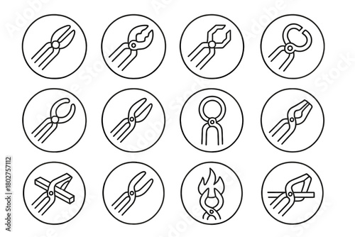 Line Style Tongs Icons. Line style icons of tongs in round shape: flat jaw tongs, wolf jaw tongs, box jaw tongs, V-bit tongs;