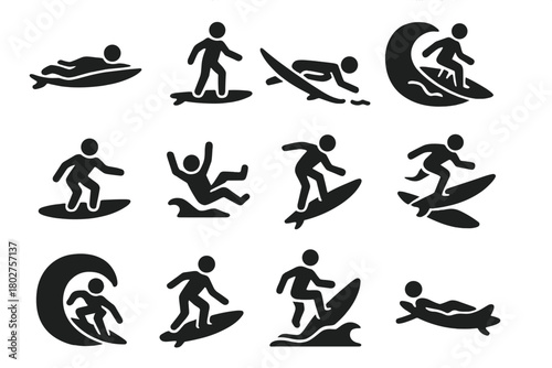 Surfing Action Icons. Solid style icons of Surfing actions: paddling, standing on board, duck diving, catching wave, balancing,